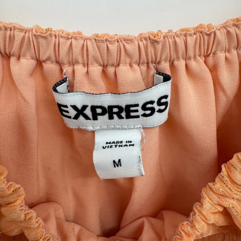 Express Women's M Peach Ruffle Smocked Peplum Top Metallic Thread Cottagecore - Picture 4 of 9
